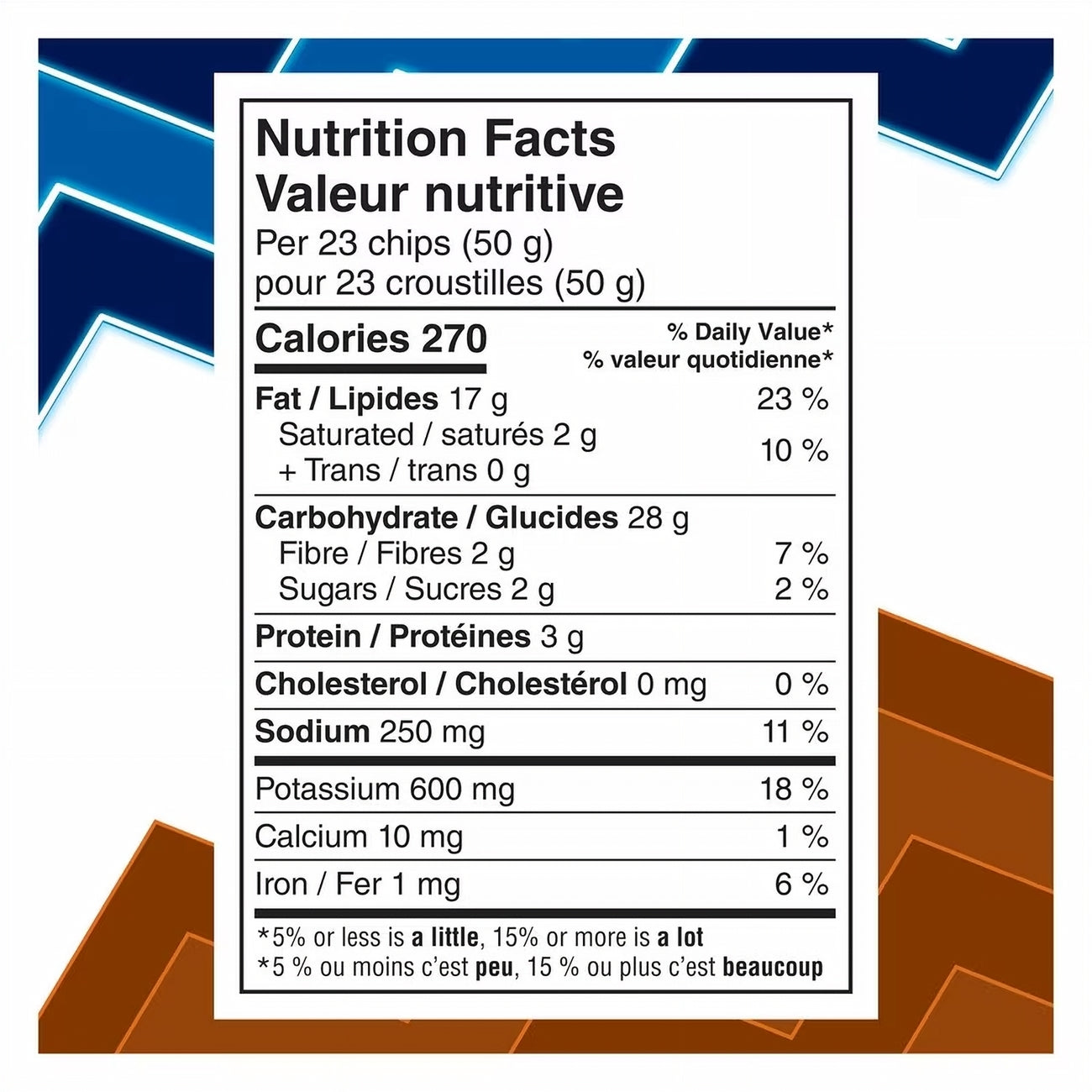 Nutrition facts label for Ruffles Poutine Flavored Potato Chips, 180g/6.3 oz with blue and brown background