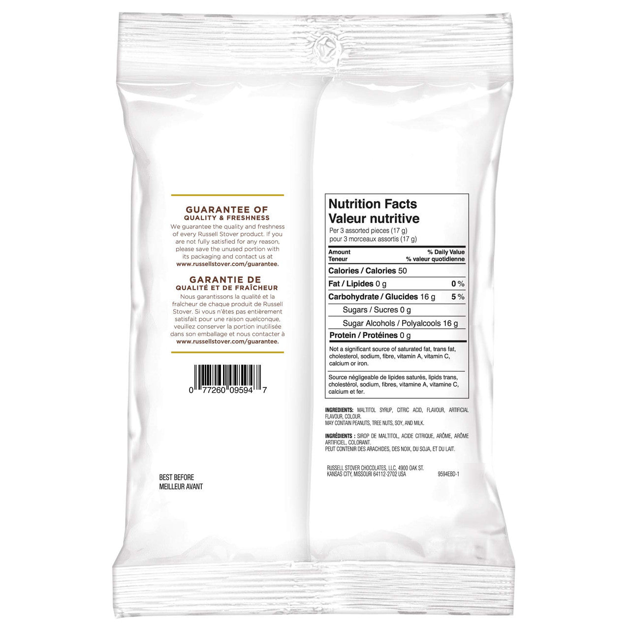 Russell Stover, Assorted Fruits, No Sugar Added Hard Candies, 150g/5.3oz Back Side