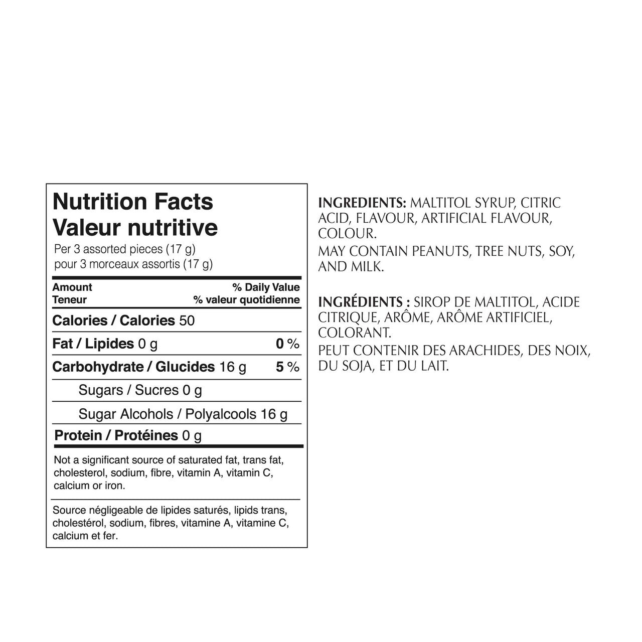 Russell Stover, Assorted Fruits, No Sugar Added Hard Candies, 150g/5.3oz Nutrition Facts Label