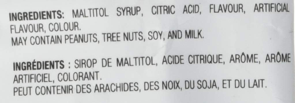 Russell Stover, Assorted Fruits, No Sugar Added Hard Candies, 150g Ingredients Label