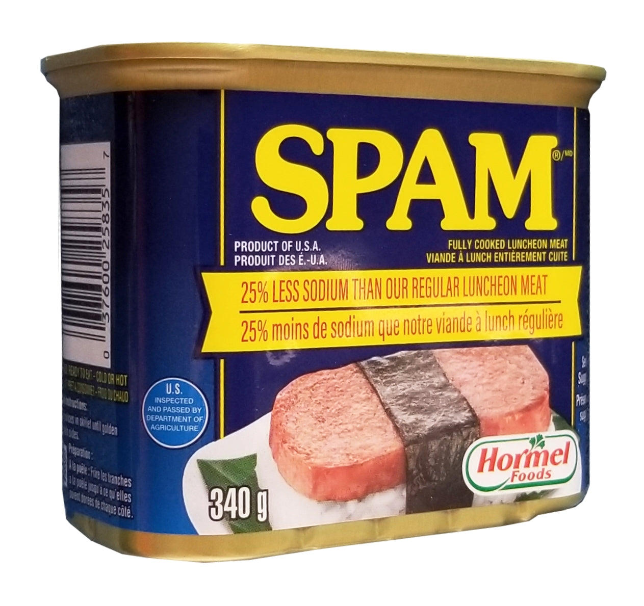 SPAM Luncheon Meat, 25% Less Sodium, 340g/ 12 oz. Can Left Side