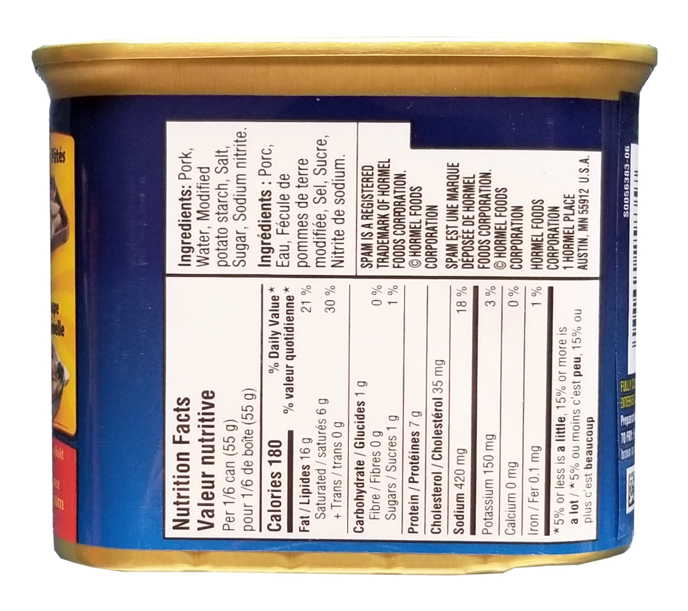 SPAM Luncheon Meat, 25% Less Sodium, 340g/ 12 oz. Can Nutrition Facts