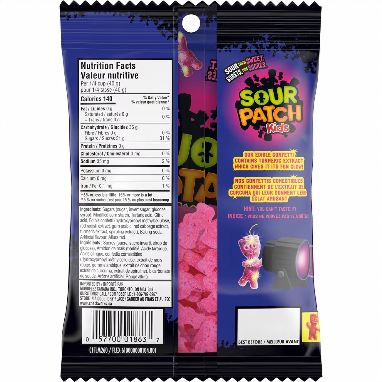 Sour Patch Kids candy package with nutrition facts label on a white background