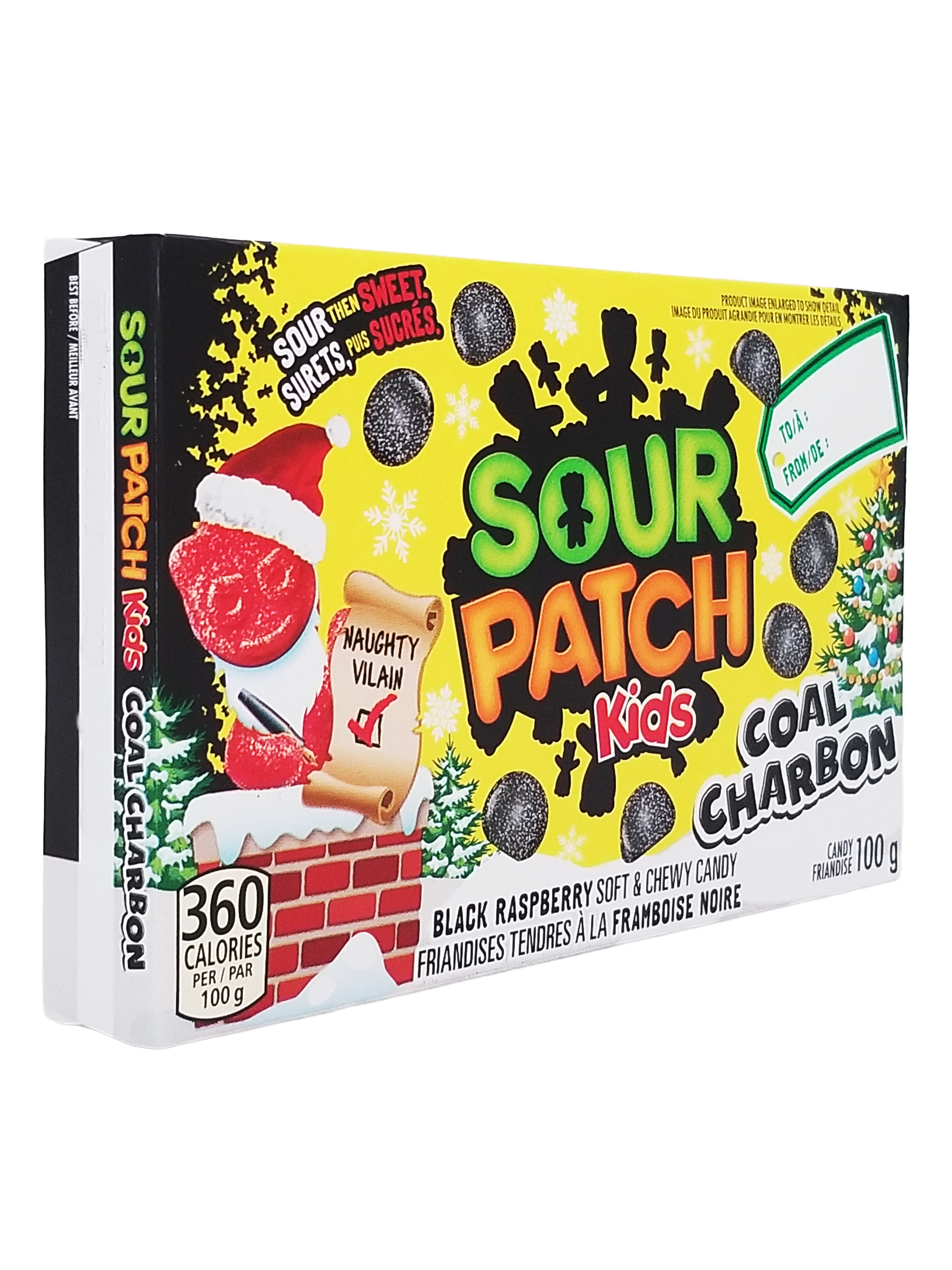 Sour Patch Kids Coal Charbon candy packaging on a white background