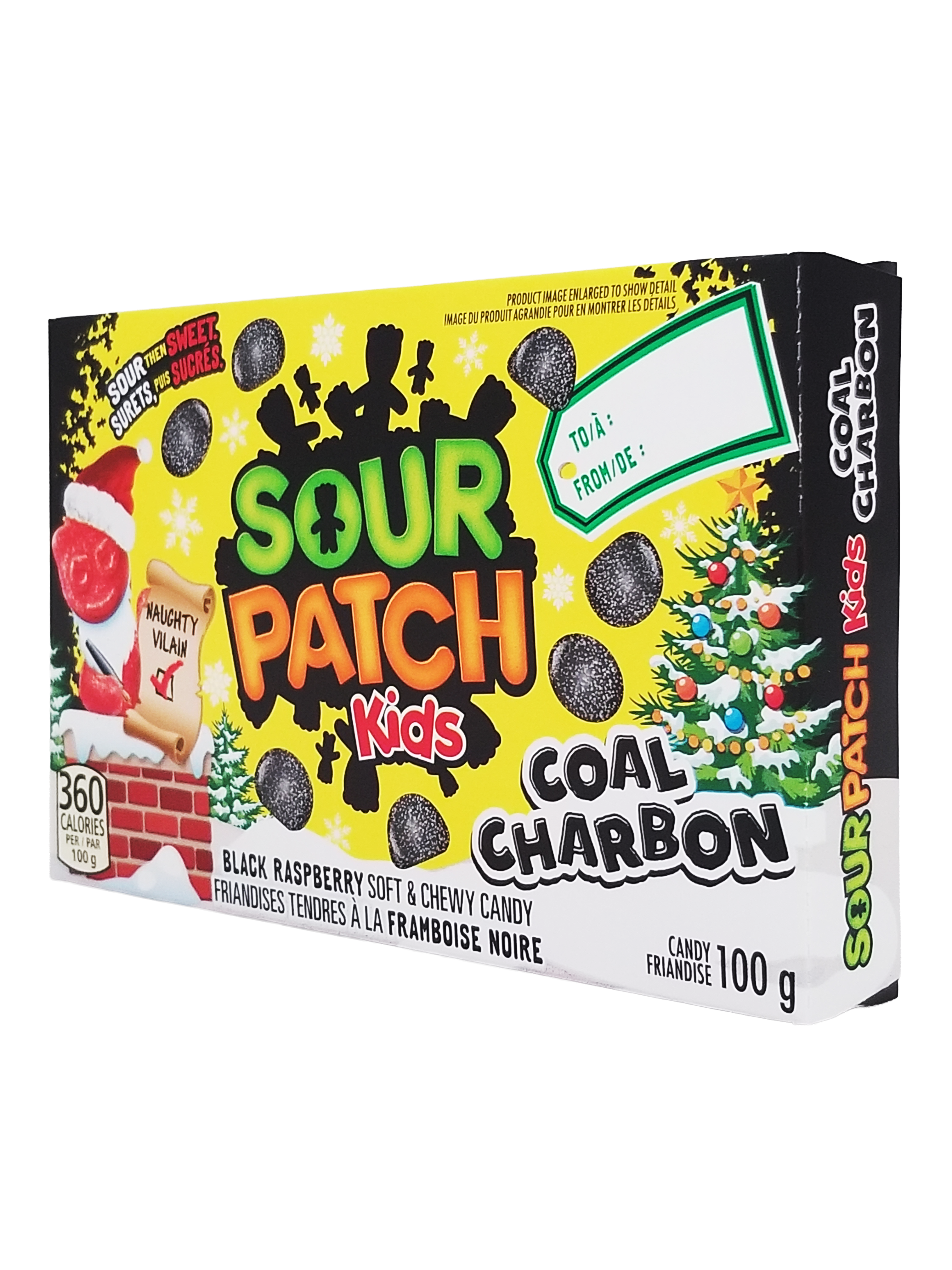 Sour Patch Kids Coal Charbon candy packaging with Christmas-themed design