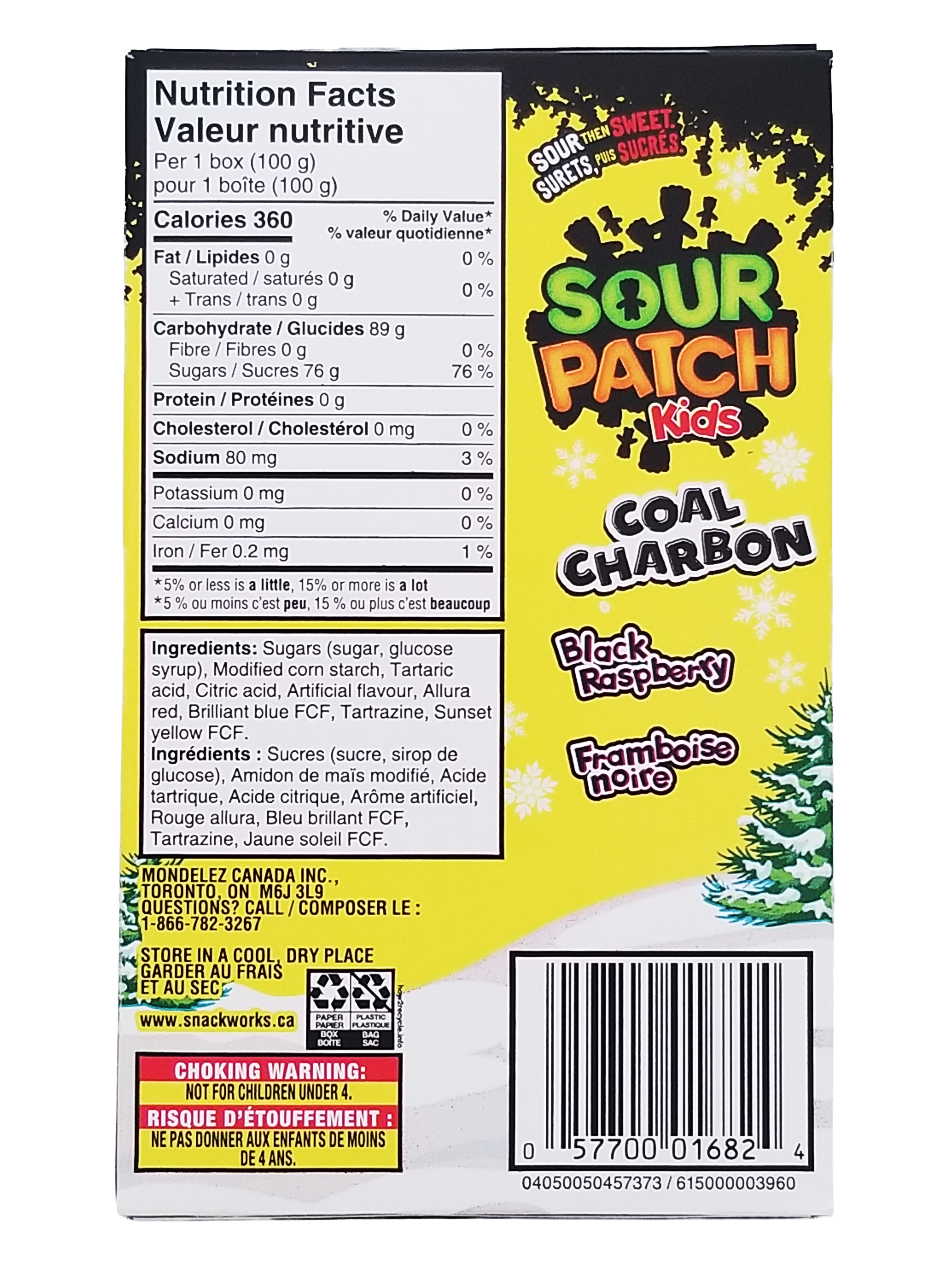Yellow package of Sour Patch Kids Black Raspberry Soft & Chewy Candy - 100g/3.5 oz with nutrition and ingredients label listed