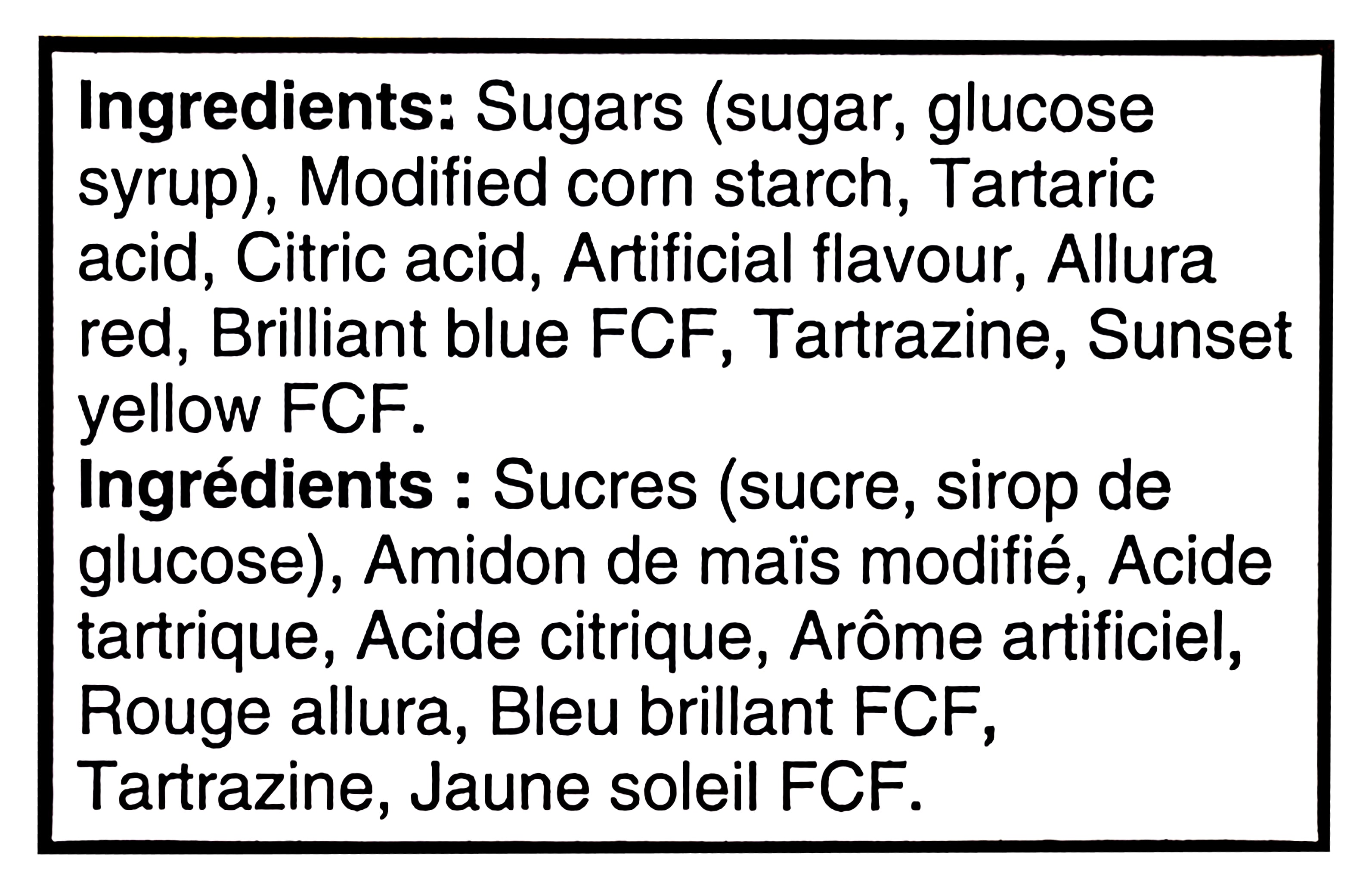 Ingredients list for Sour Patch Kids Black Raspberry Soft & Chewy Candy - 100g/3.5 oz on a white background