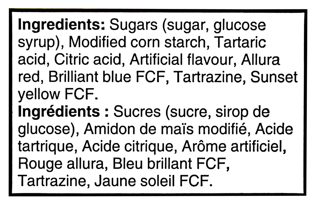 Ingredients list for Sour Patch Kids Black Raspberry Soft & Chewy Candy - 100g/3.5 oz on a white background