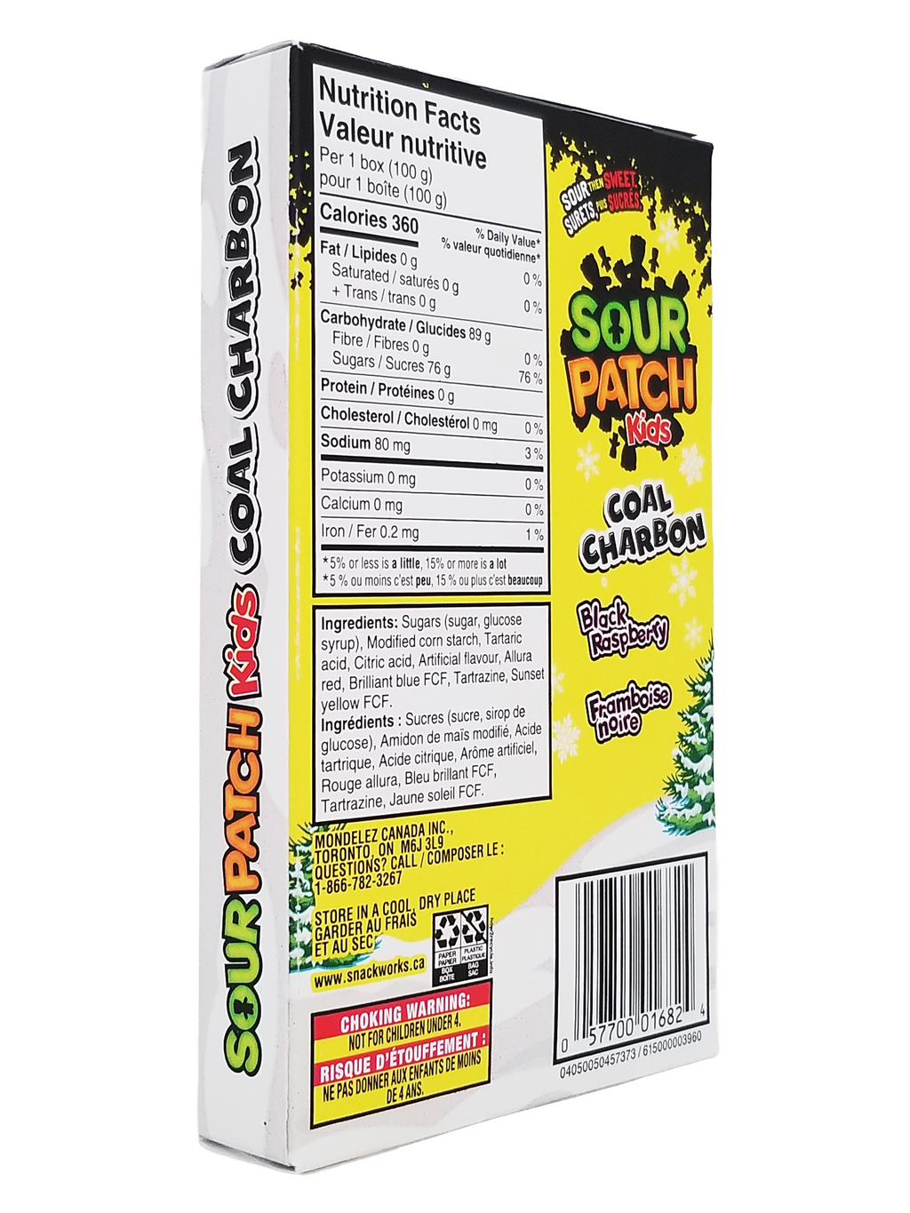 Sour Patch Kids Coal Charbon candy box with nutritional facts and ingredients listed.