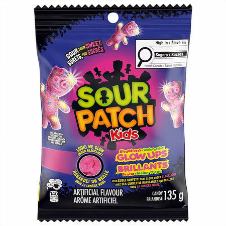 Bag of Sour Patch Kids Strawberry Watermelon Glow-Ups Gummies, With Edible Confetti - 135g/4.7 oz on white background
