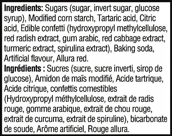 Ingredients list for Sour Patch Kids Strawberry Watermelon Glow-Ups Gummies, With Edible Confetti - 135g/4.7 oz