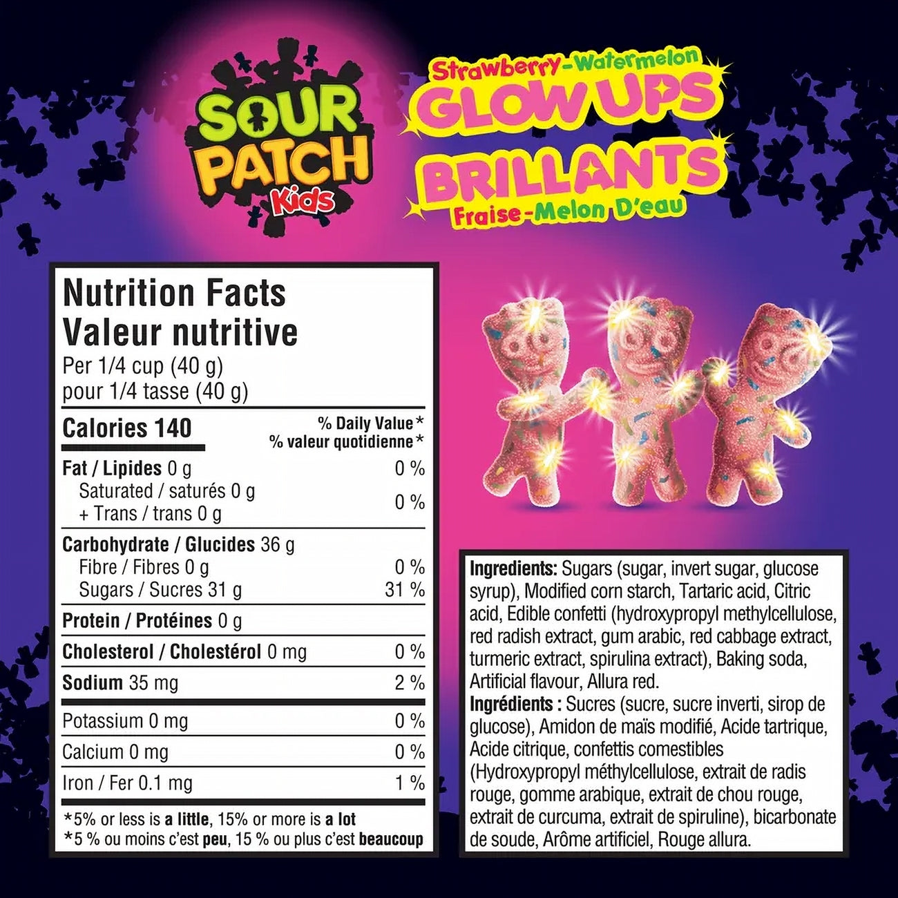 Nutrition facts label and packaging of Sour Patch Kids Strawberry-Watermelon Glow Ups on a purple background.