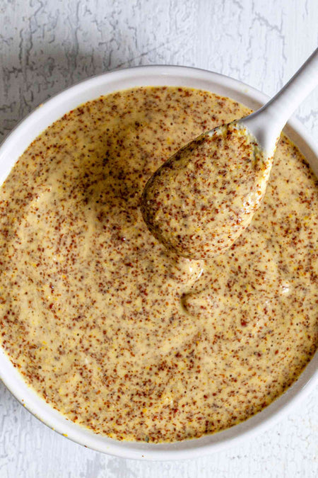 Lynch Gourmet Crunchy Mustard Sauce 2 L/67.6 Fl. oz., Jug, crunchy mustard in a dish.