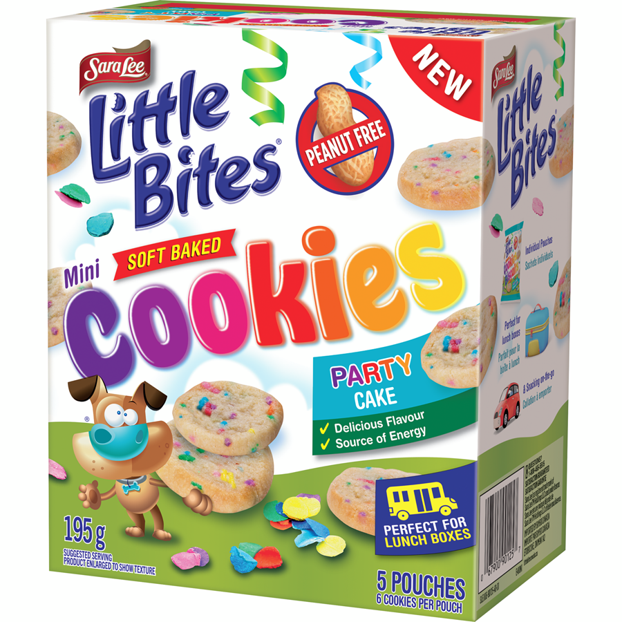 Sara Lee Little Bites Mini Soft Baked Party Cake Cookies, 5 pouches, 195g/6.9 oz., front of box.