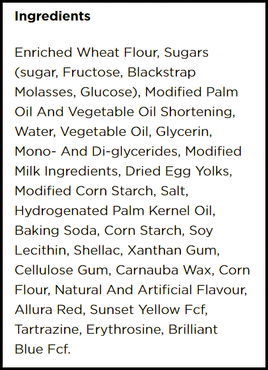Sara Lee Little Bites Mini Soft Baked Party Cake Cookies, 5 pouches, 195g/6.9 oz., ingredients label.