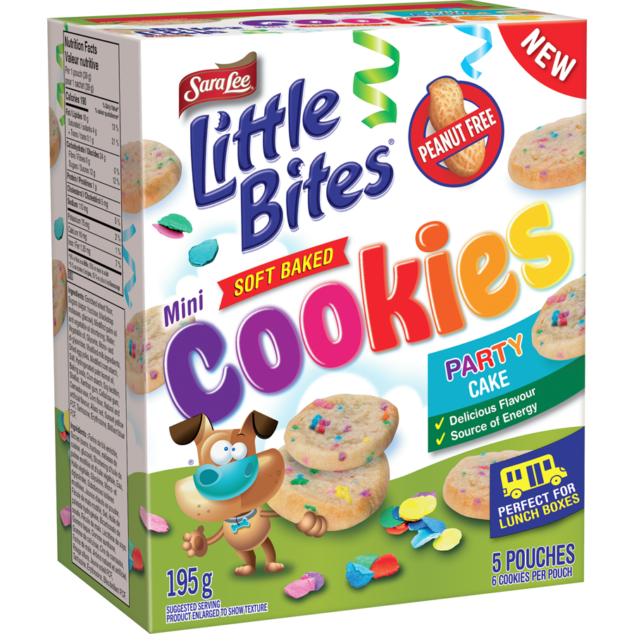 Sara Lee Little Bites Mini Soft Baked Party Cake Cookies, 5 pouches, 195g/6.9 oz., front of box.