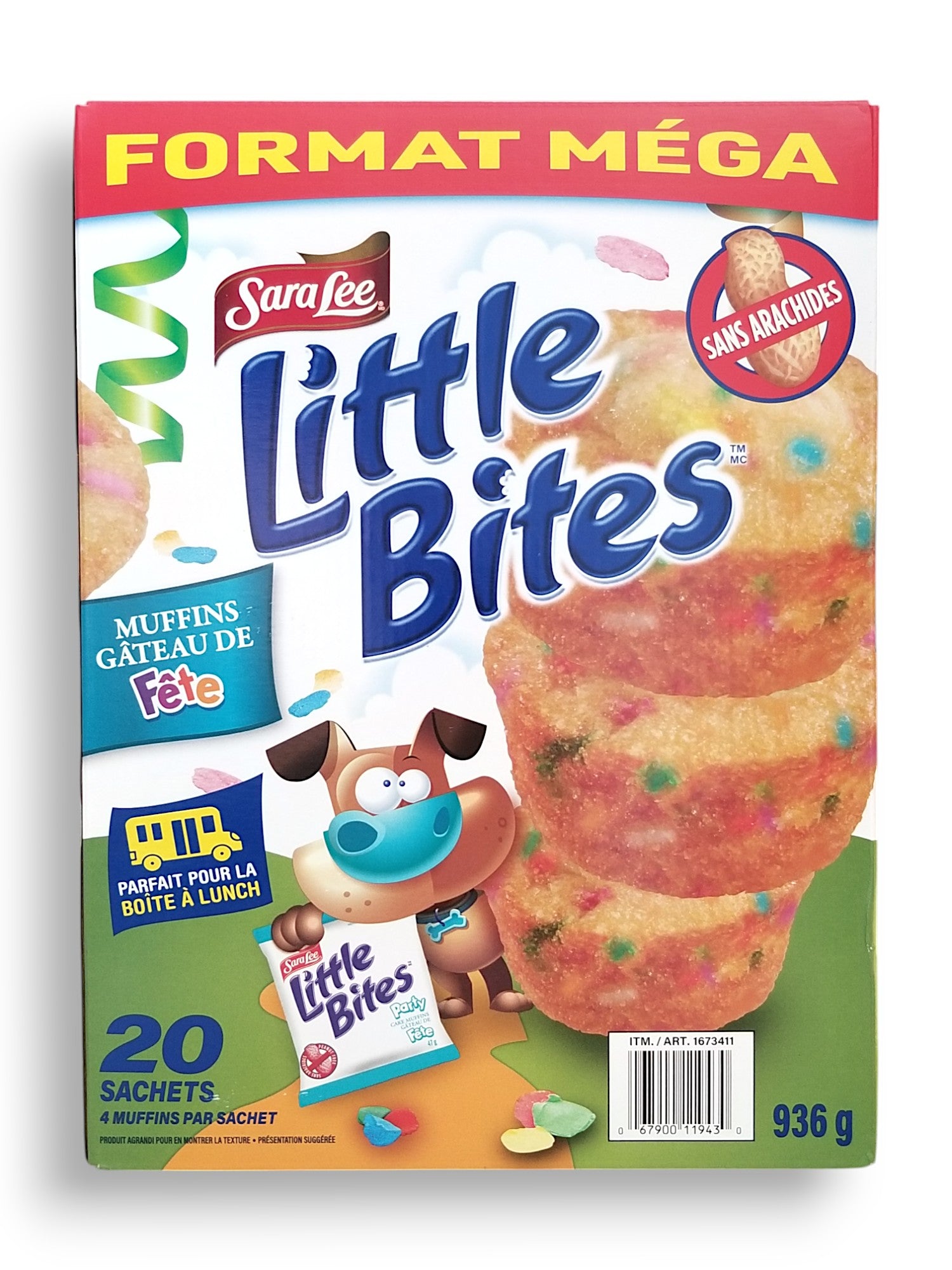 Back of Sara Lee Little Bites Party Cake Muffins, Mega Pack 20 pouches, 936g/2.1 lbs. Box