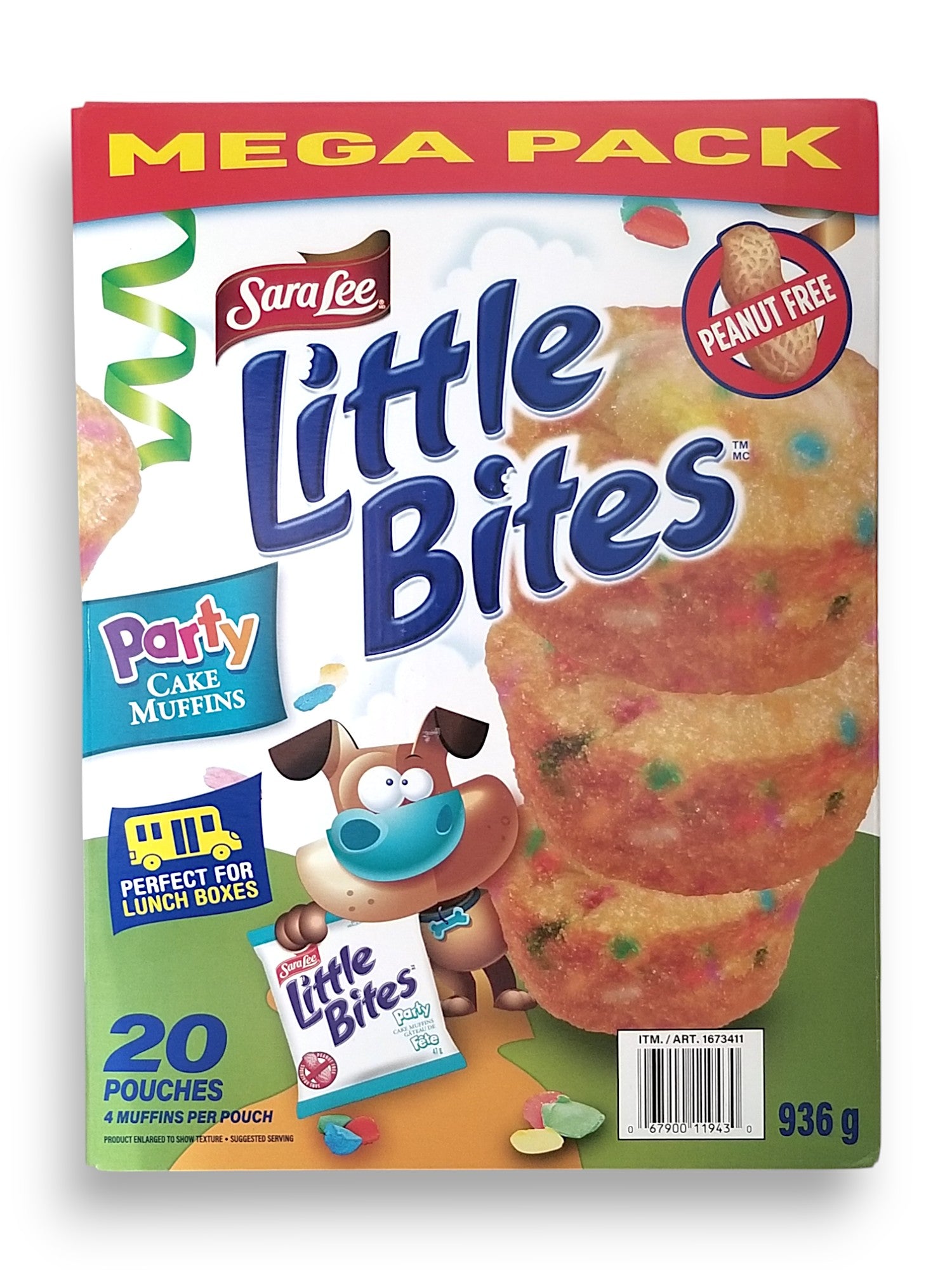 Front of Sara Lee Little Bites Party Cake Muffins, Mega Pack 20 pouches, 936g/2.1 lbs. Box