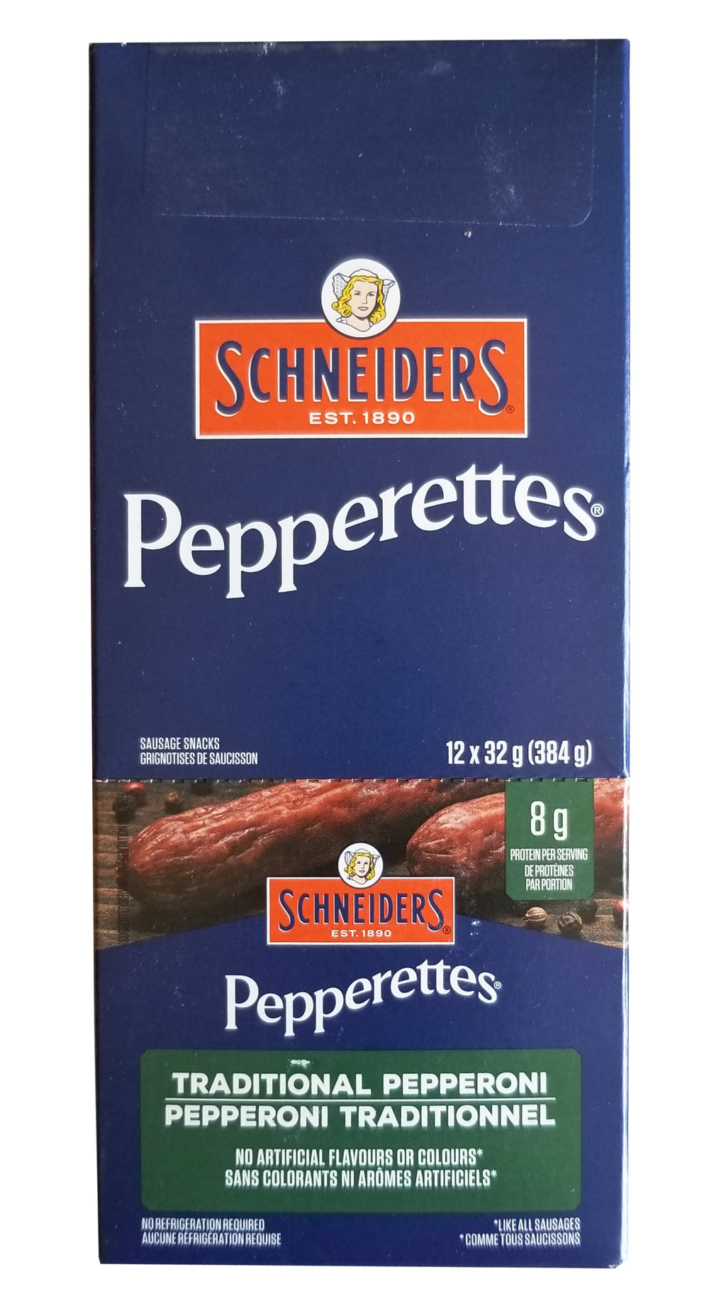 Schneiders Pepperettes Traditional Pepperoni Snack Sausages, 12 x 32g Packets, 384g/13.4 oz. Box {Imported from Canada}