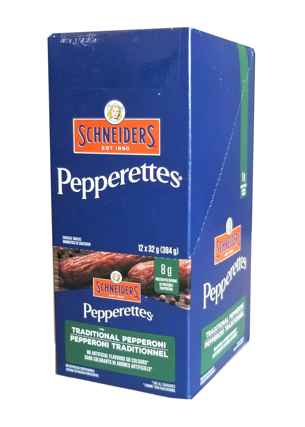 Schneiders Pepperettes Traditional Pepperoni Snack Sausages, 12 x 32g Packets, 384g/13.4 oz. Box {Imported from Canada}