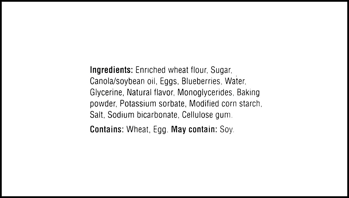 School Safe Bursting Blueberry Muffin Bars, 8ct., 280g/9.9 oz., Box, ingredients label