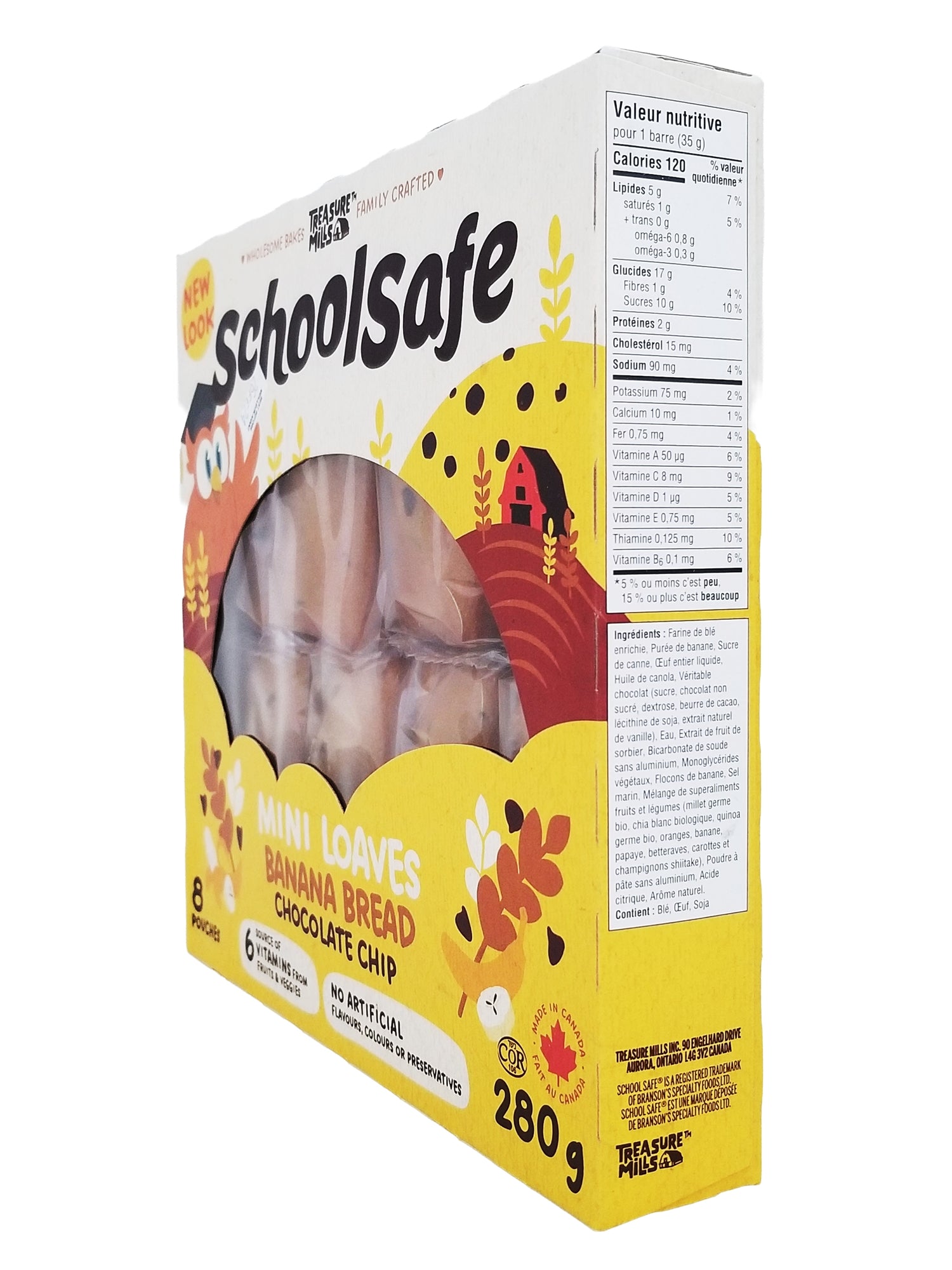 Box of SchoolSafe mini loaves banana bread with chocolate chip flavor on a white background