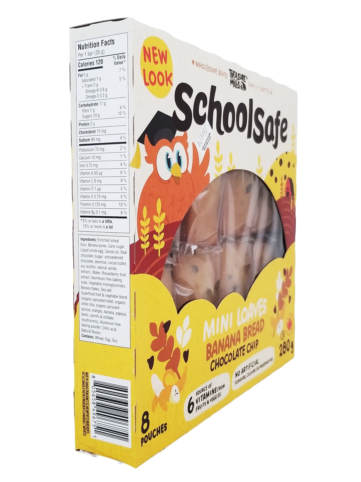 Box of Schoolsafe mini cookies with banana bread and chocolate chip flavors on a white background