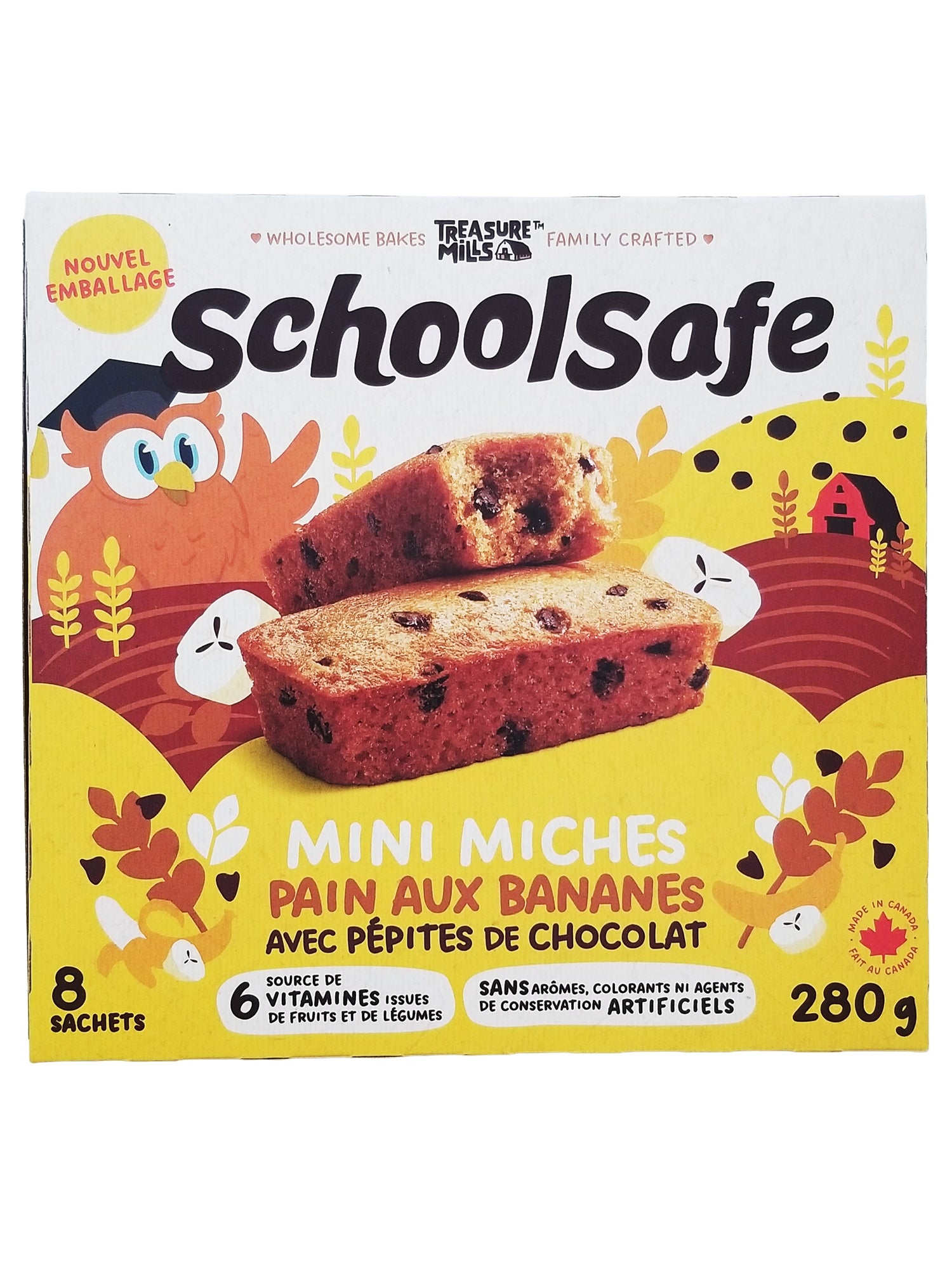 Box of 'SchoolSafe' banana bread mini loaves with chocolate chips on a white background