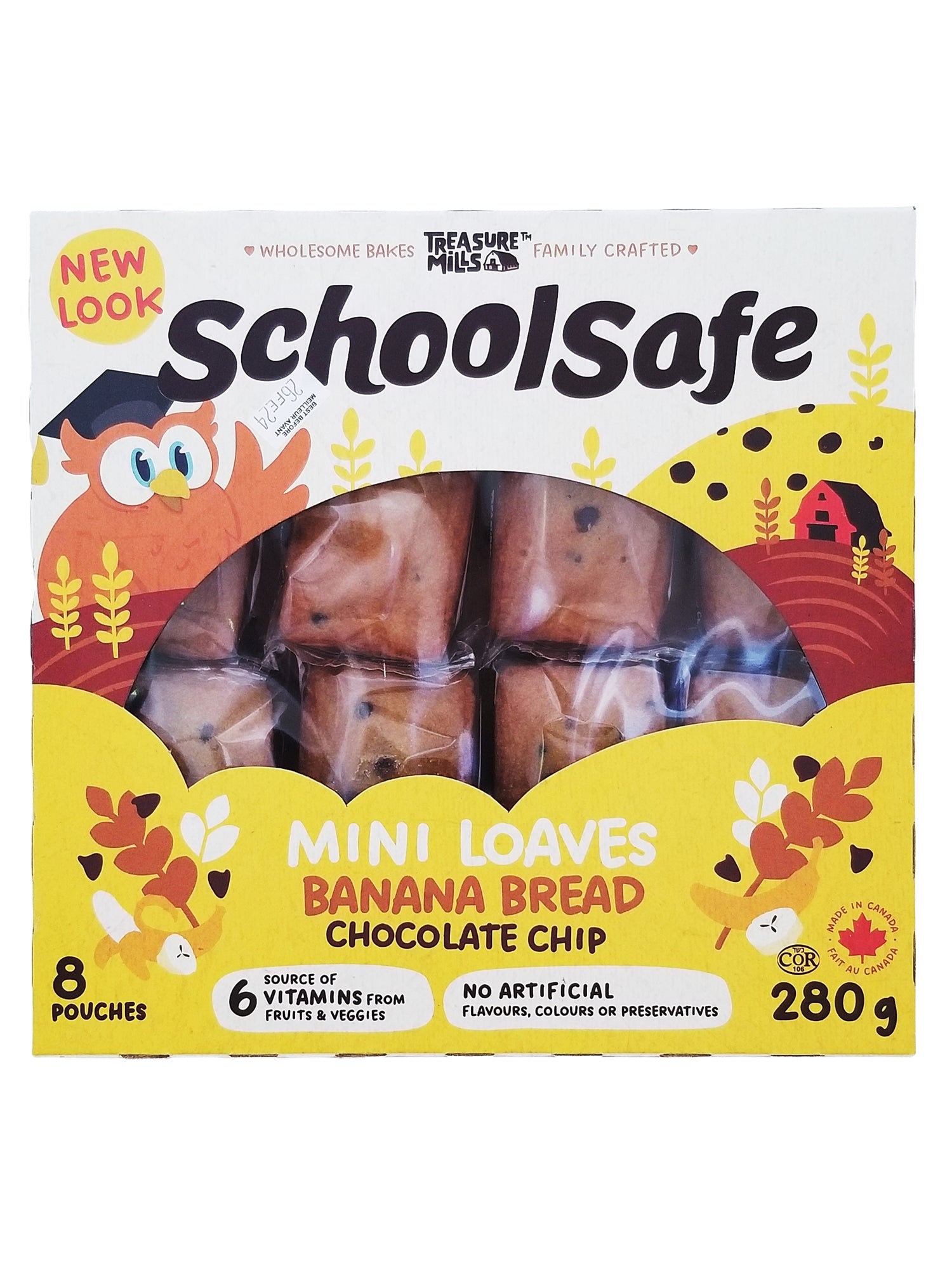 Packaging of School Safe Mini Loaves Chocolate Chip Banana Bread Bars 280g with cartoon characters on a white background.