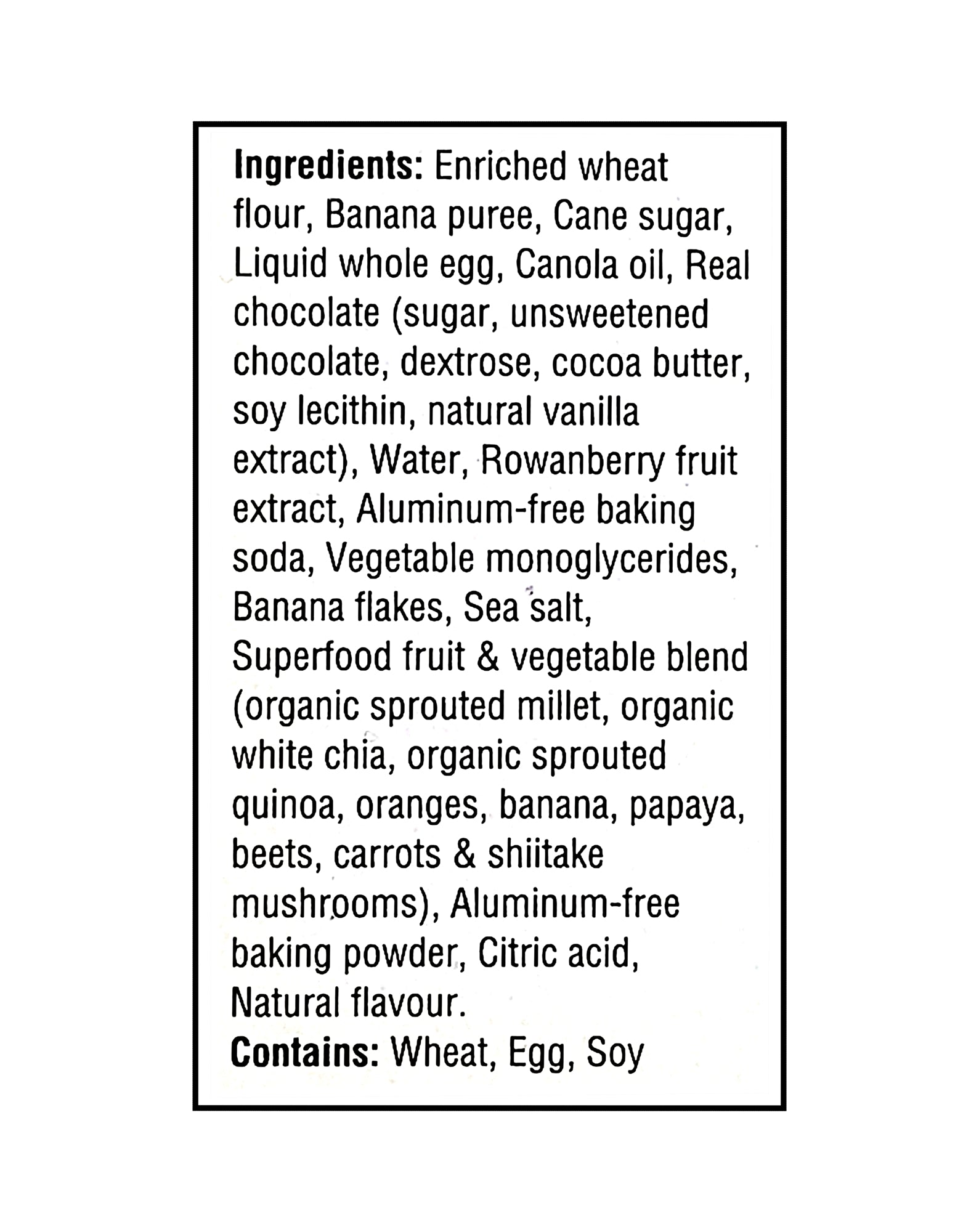 Ingredients list for School Safe Mini Loaves Chocolate Chip Banana Bread Bars 280g on a white background