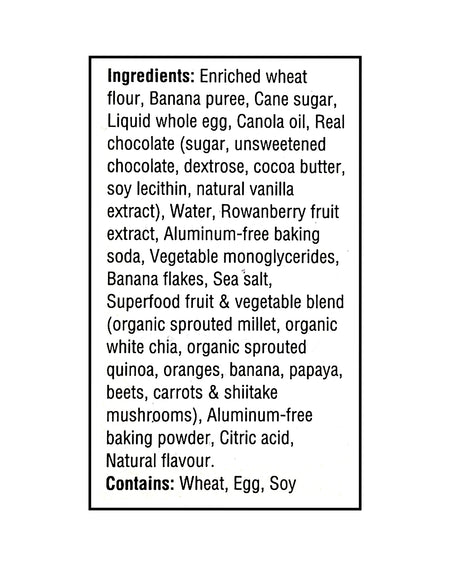 Ingredients list for School Safe Mini Loaves Chocolate Chip Banana Bread Bars 280g on a white background