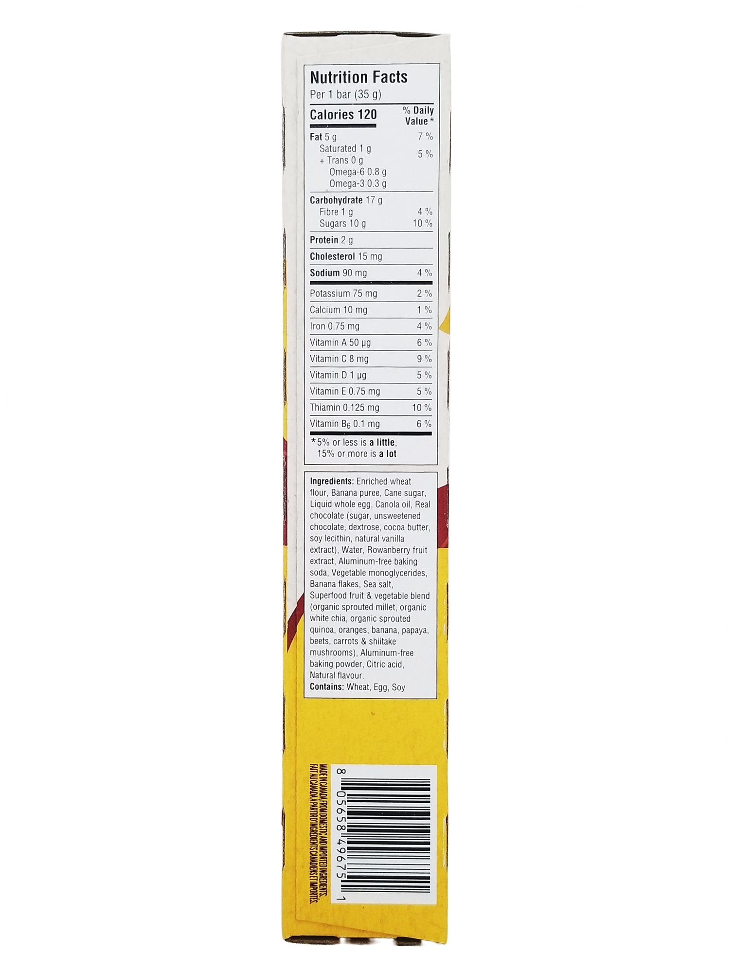 Nutrition facts label on a yellow School Safe Mini Loaves Chocolate Chip Banana Bread Bars 280g box with a white background