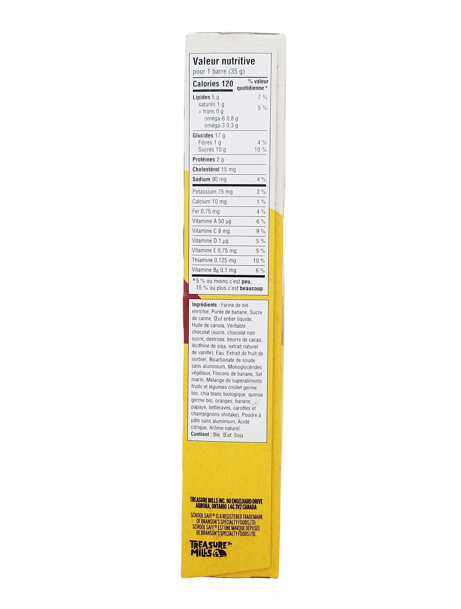Nutritional label on a School Safe Mini Loaves Chocolate Chip Banana Bread Bars 280g packaging with yellow and white design.