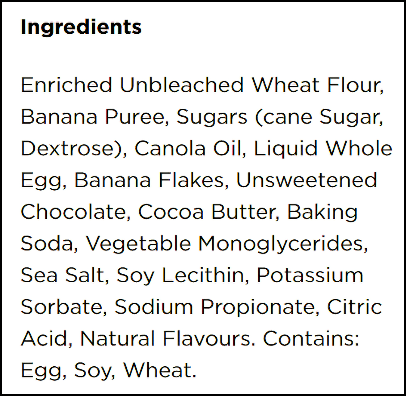 School Safe Chocolate Chip Banana Bread Bars, 8ct., 296g/10.4 oz., ingredients label.