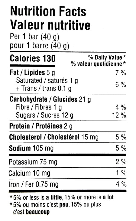 Nutrition facts label School Safe Chocolate Chip Banana Bread Bars, 20ct., 800g/1.8 lb., Box