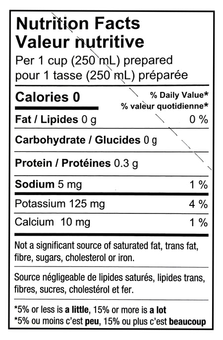 Nutrition facts label for Second Cup Cafe Paradiso Medium Roast K-Cup Coffee, 24 Count, 312g with details on calories, fat, carbohydrate, protein, sodium, potassium, and calcium.