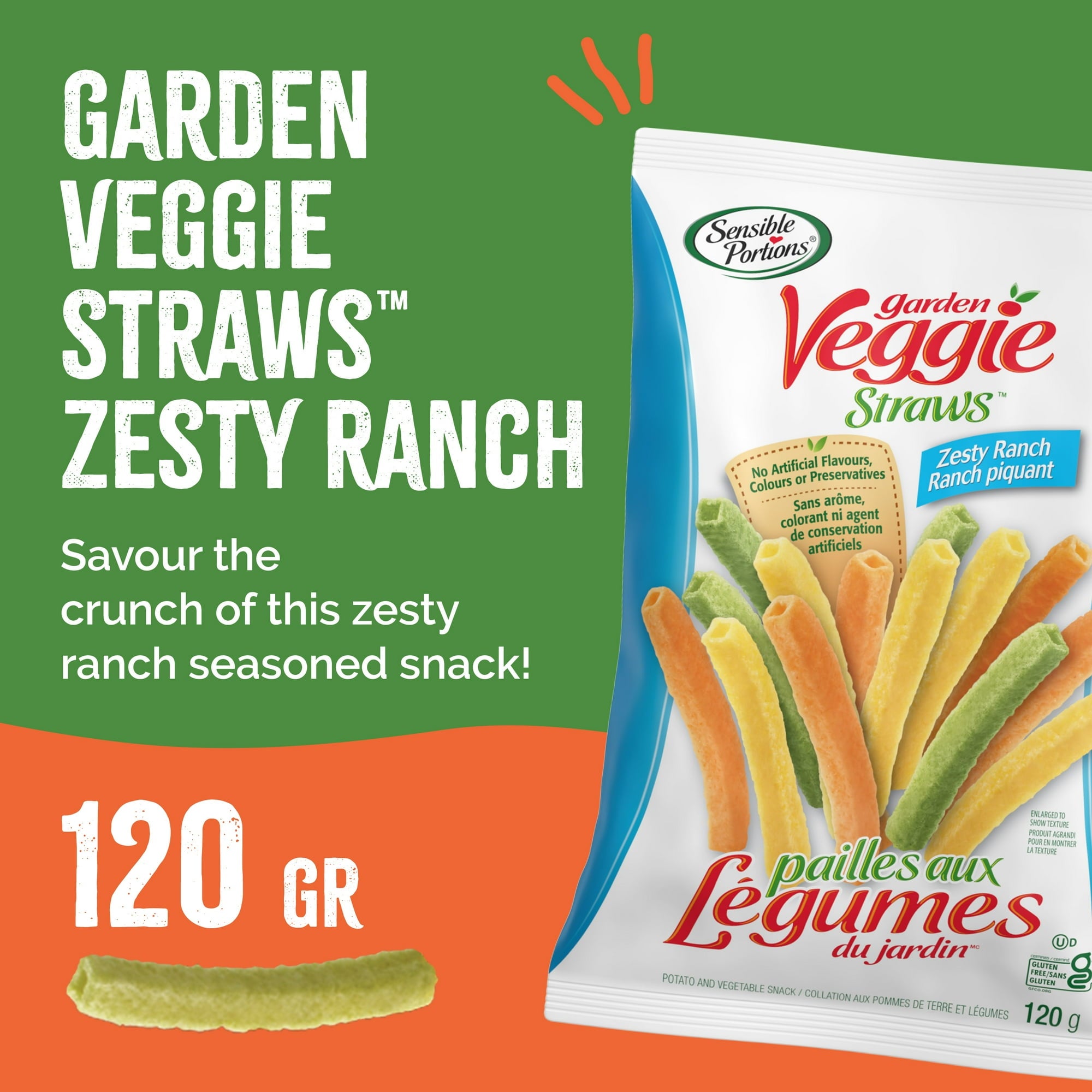 Sensible Portions Veggie Straws, Zesty Ranch, 120g/4.2 oz., Bag Front