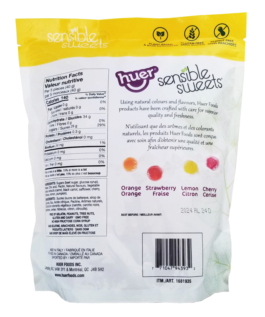 Huer Sensible Sweets Soft Fruit Gelées, 700g/1.5 lbs., Bag {Imported from Canada}