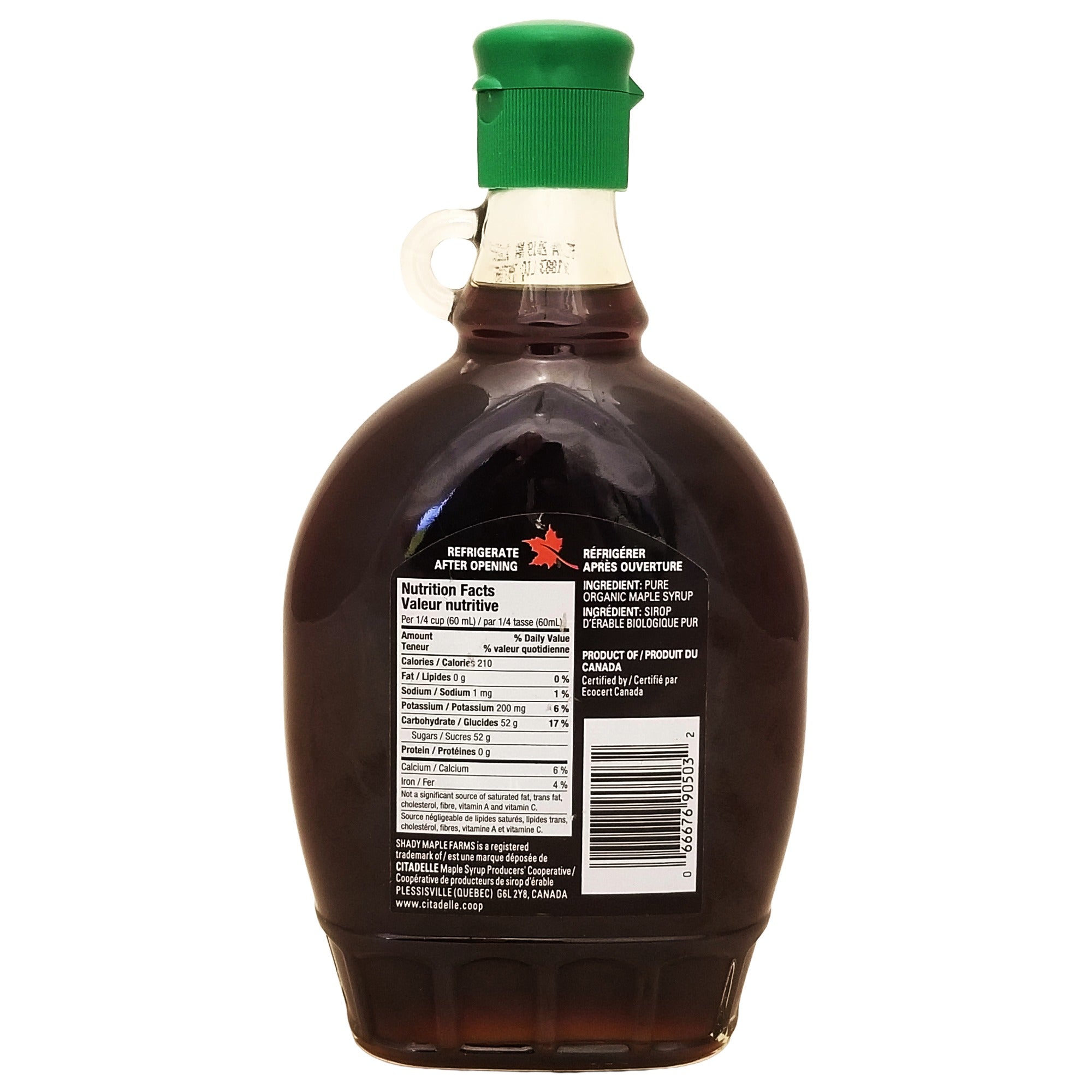 Back of Shady Maple Farms organic dark maple syrup bottle showing nutrition facts, organic certification, Canadian origin, and barcode.