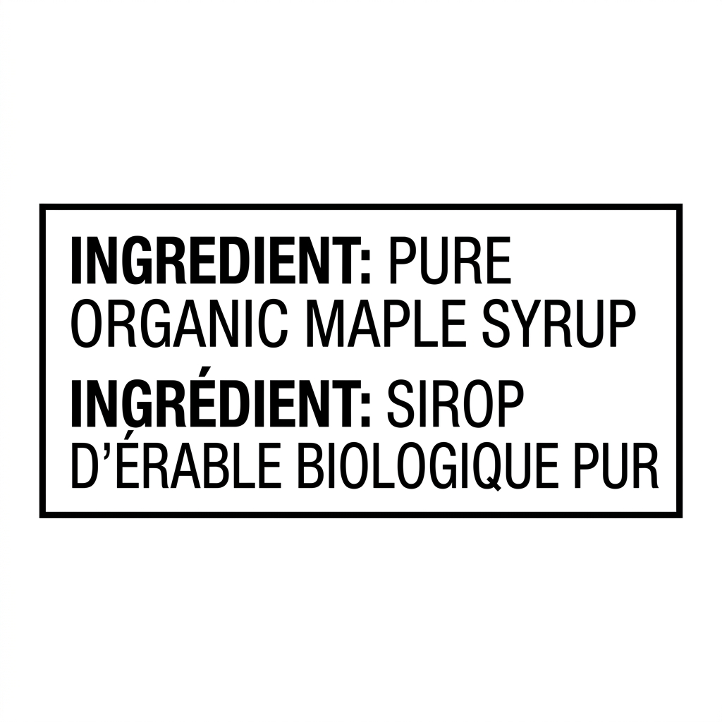 Bilingual Shady Maple Farms ingredient label listing pure organic maple syrup as the only ingredient.