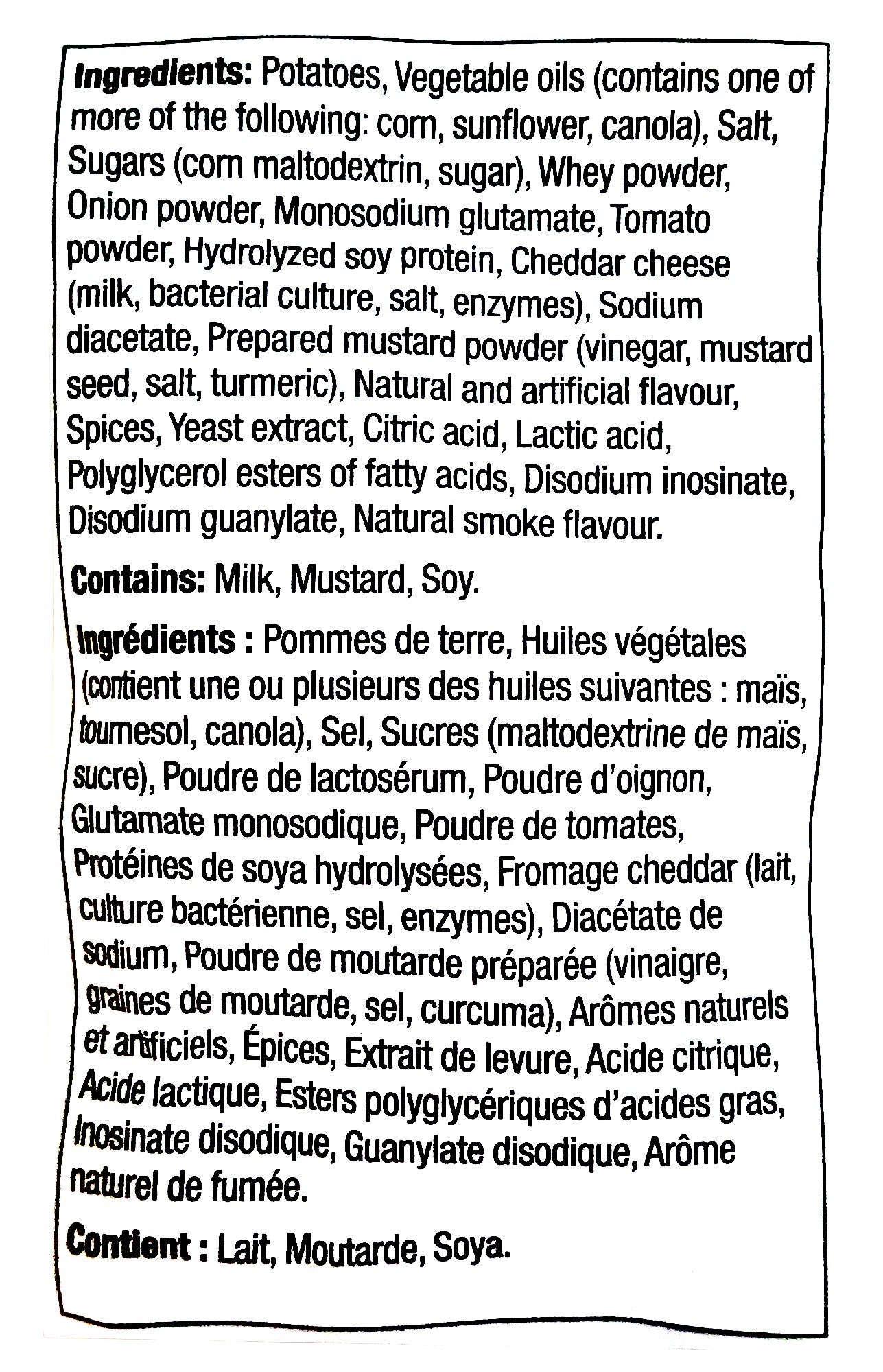 Shearers Cheeseburger Potato Chips, 624g/1.4 lb., ingredients label