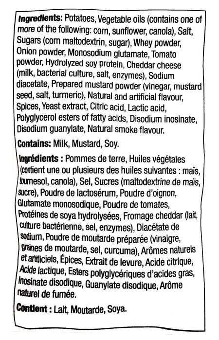 Shearers Cheeseburger Potato Chips, 624g/1.4 lb., ingredients label