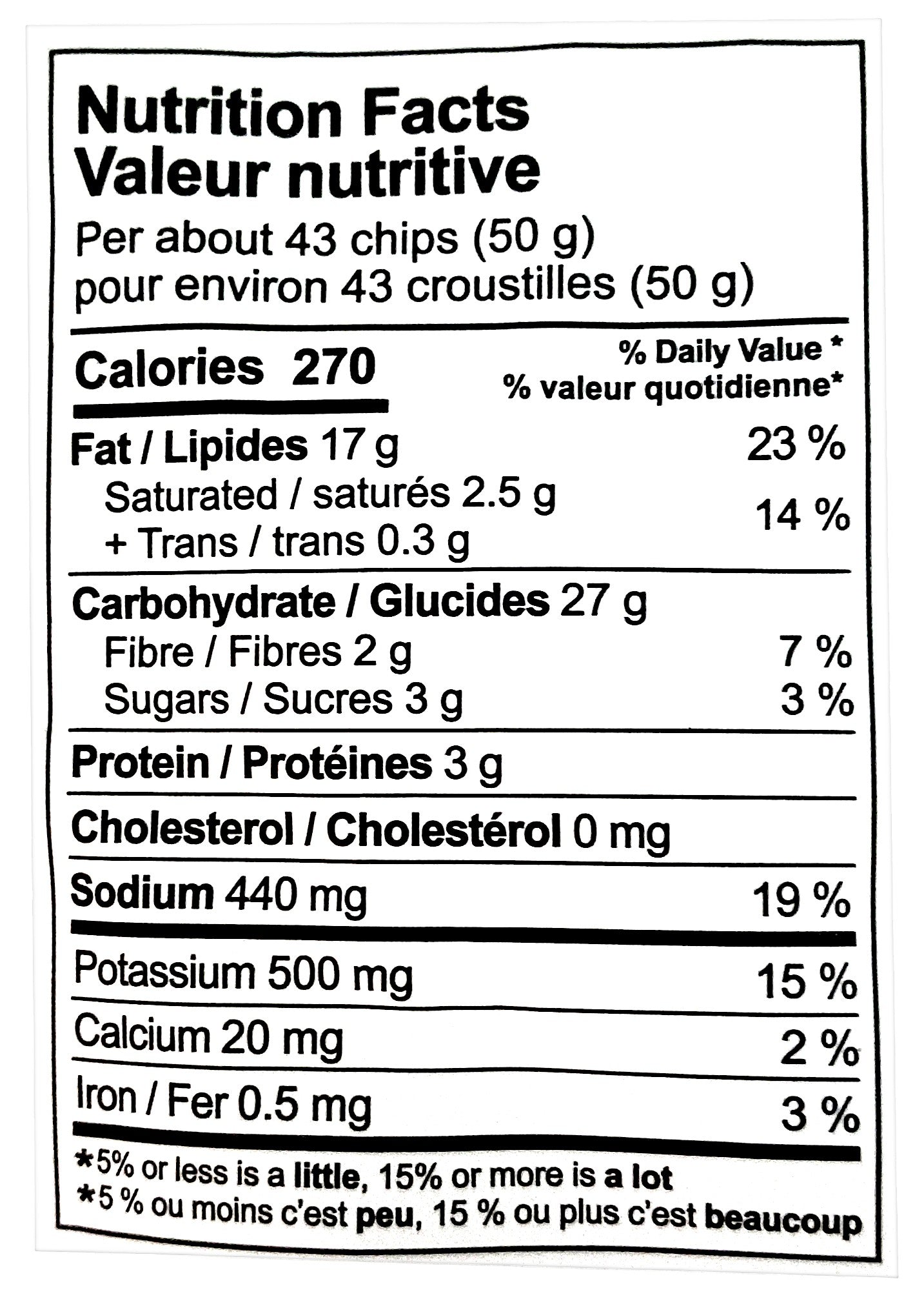 Shearers Cheeseburger Potato Chips, 624g/1.4 lb., nutrition facts label