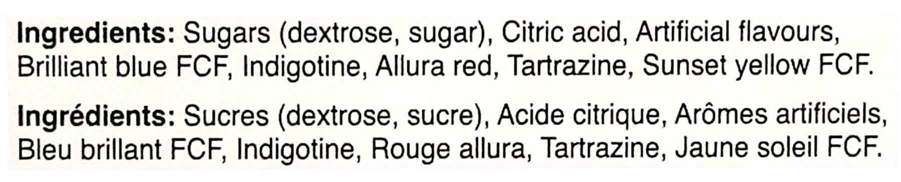 World's Sour Silly Stix, (100 Count), 186g, ingredients label.