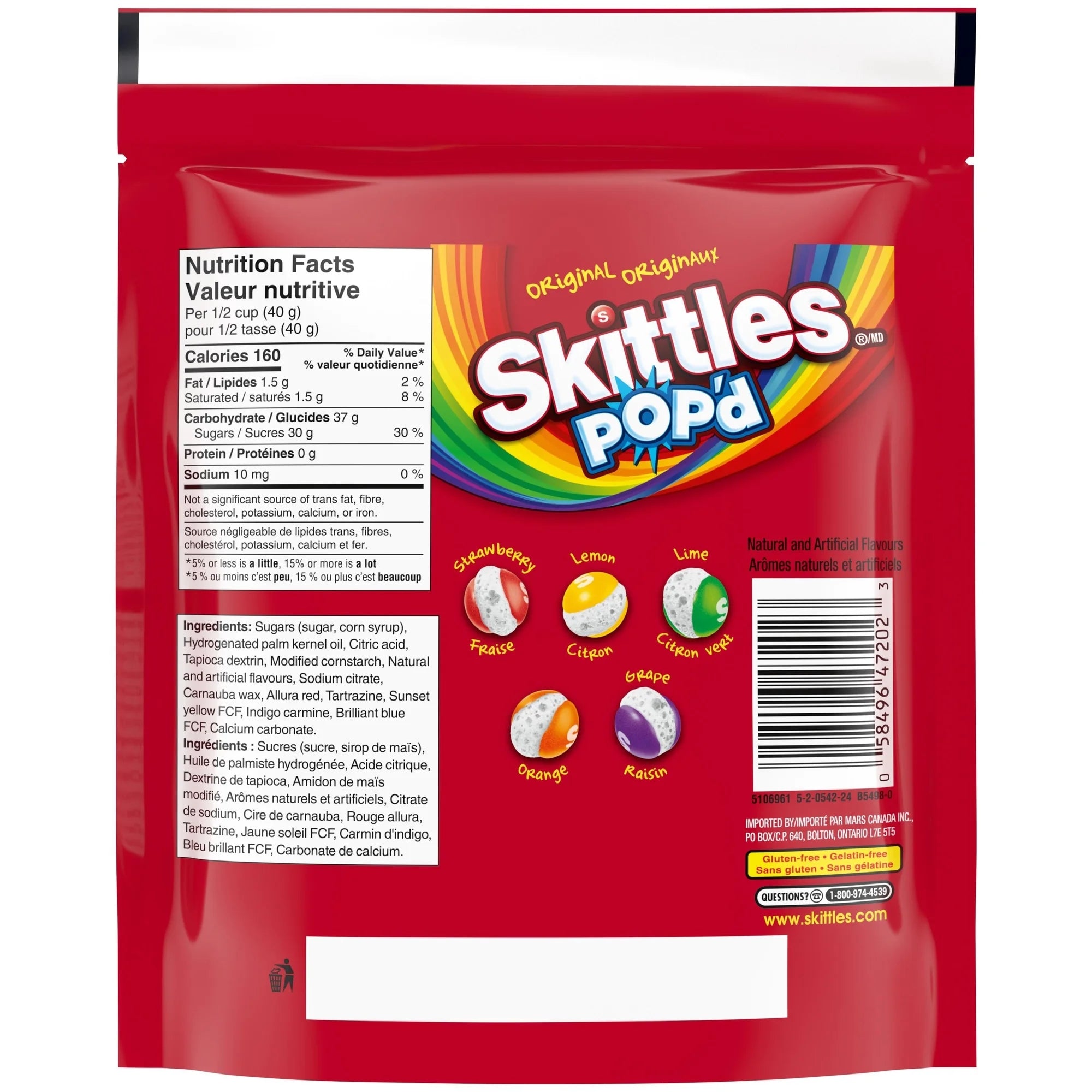 Skittles Pop! candy 155g package with nutrition facts and ingredients on a white background