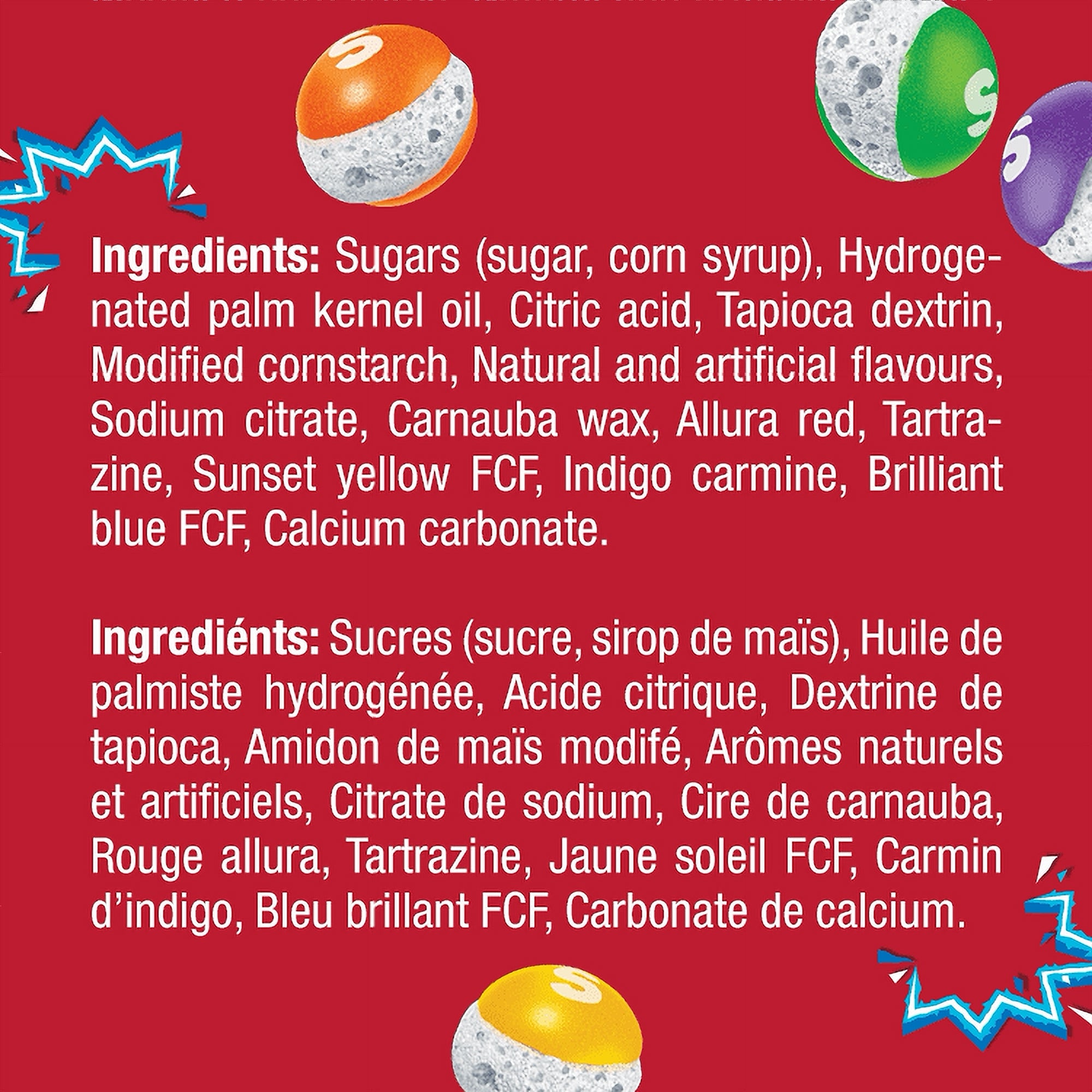Ingredients list for Skittles Pop'd Candy Original 155g on a red background with colorful spherical objects.