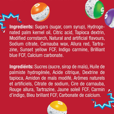 Ingredients list for Skittles Pop'd Candy Original 155g on a red background with colorful spherical objects.