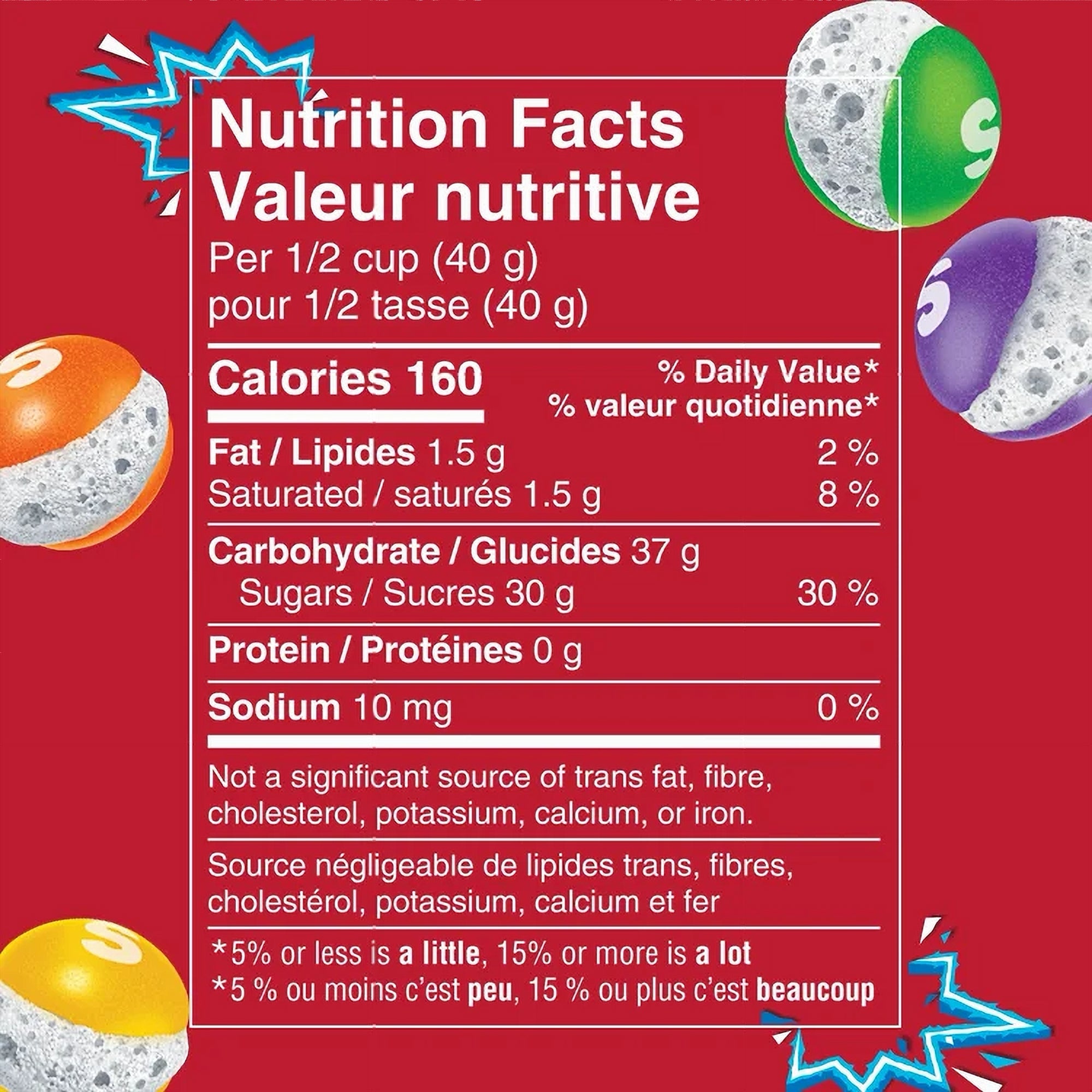 Nutrition facts label for Skittles Pop'd Candy Original 155g on a red background with colorful graphics