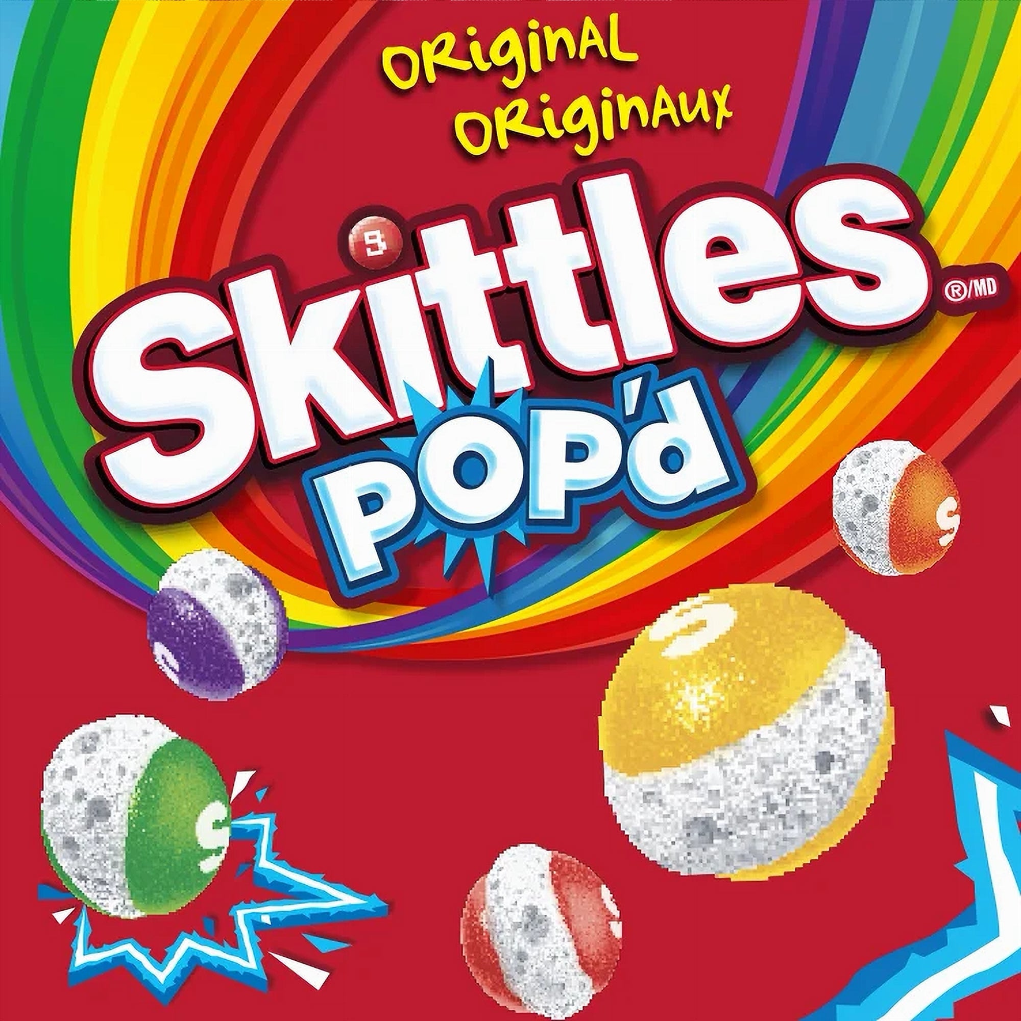 Skittles Pop'd candy packaging with colorful design and rainbow background