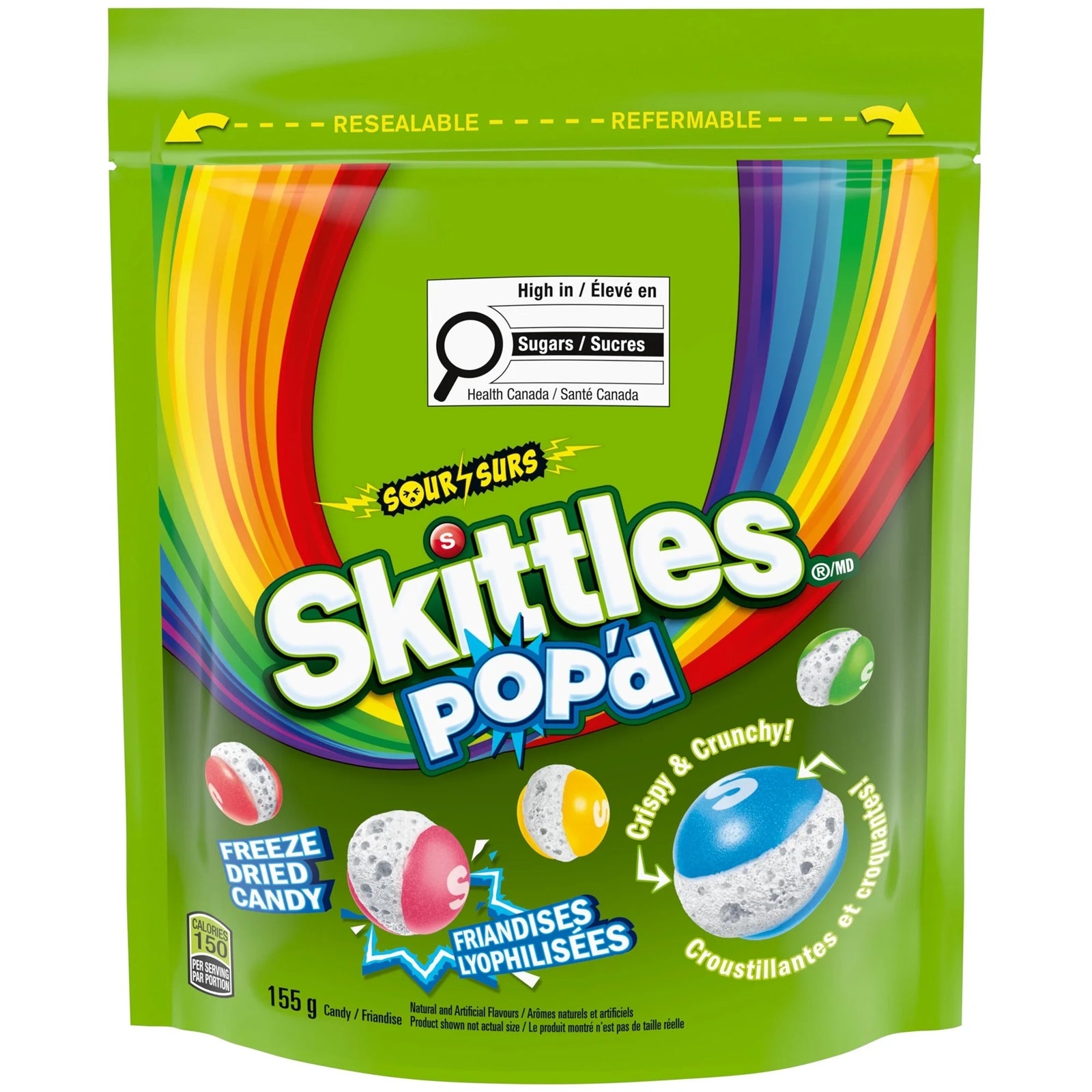 Skittles Pop'd Candy Sour 155g (5.4oz) package with colorful design on a white background